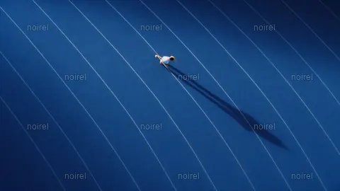 A tennis player casting a long shadow over a blue court